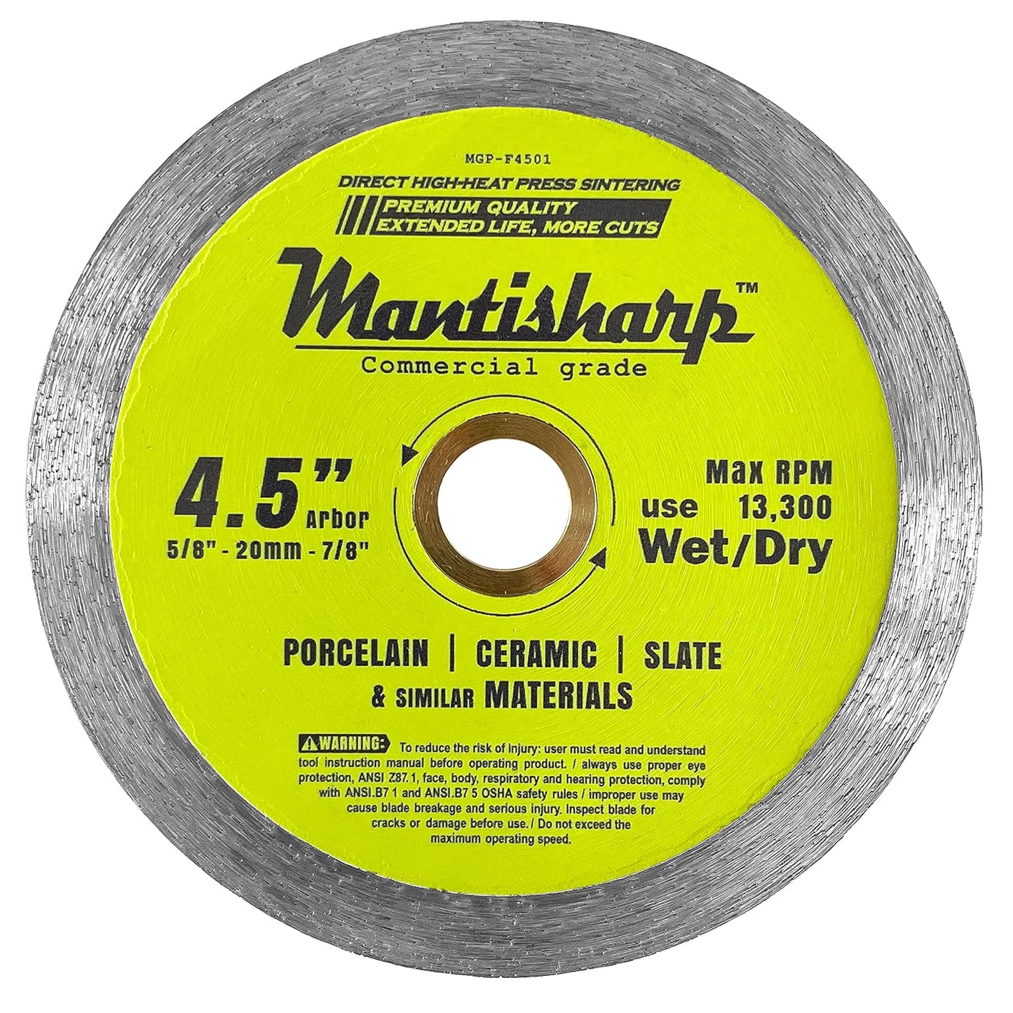 Mantisharp - General Purpose Continuous Rim Diamond Blade,4-1/2 inch,for Angle Grinders & Tile Saws,Porcelain, Ceramic, Slate, and Other Masonry. 5/8”, 20mm & 7/8” Arbor