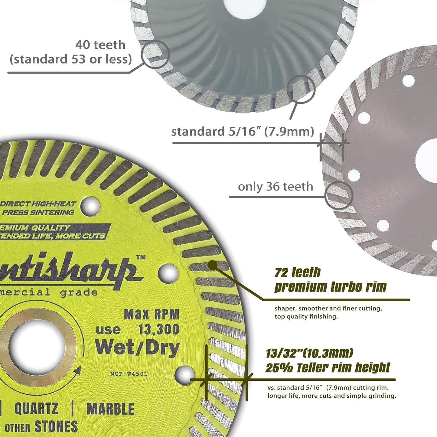 Mantisharp - General Purpose Turbo Rim Diamond Blade,4-1/2 inch, for Angle Grinders & Tile Saws, Granite, Quartz, Marble and Other Masonry, 5/8”, 20mm & 7/8” Arbors