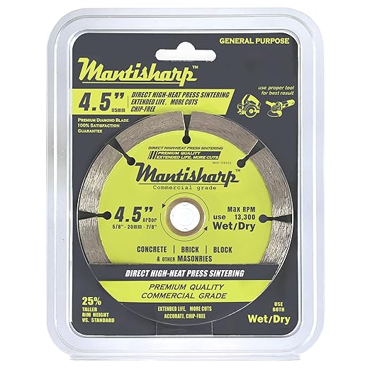Mantisharp - General Purpose Segmented Rim Diamond Blade,4-1/2 inch. for Angle Grinders & Tile Saws, Concrete, Brick & Block, and Other Masonry, 5/8”, 20mm& 7/8” Arbors