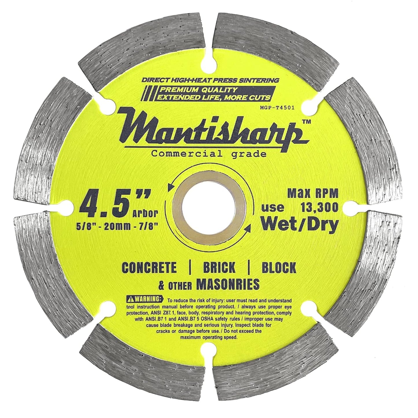 Mantisharp - General Purpose Segmented Rim Diamond Blade,4-1/2 inch. for Angle Grinders & Tile Saws, Concrete, Brick & Block, and Other Masonry, 5/8”, 20mm& 7/8” Arbors