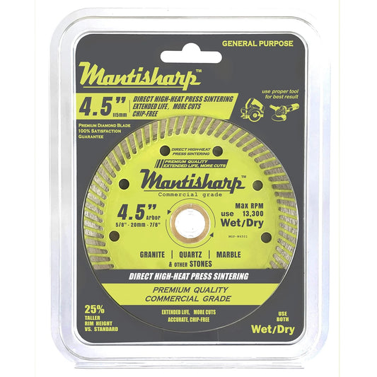 Mantisharp - General Purpose Turbo Rim Diamond Blade,4-1/2 inch, for Angle Grinders & Tile Saws, Granite, Quartz, Marble and Other Masonry, 5/8”, 20mm & 7/8” Arbors