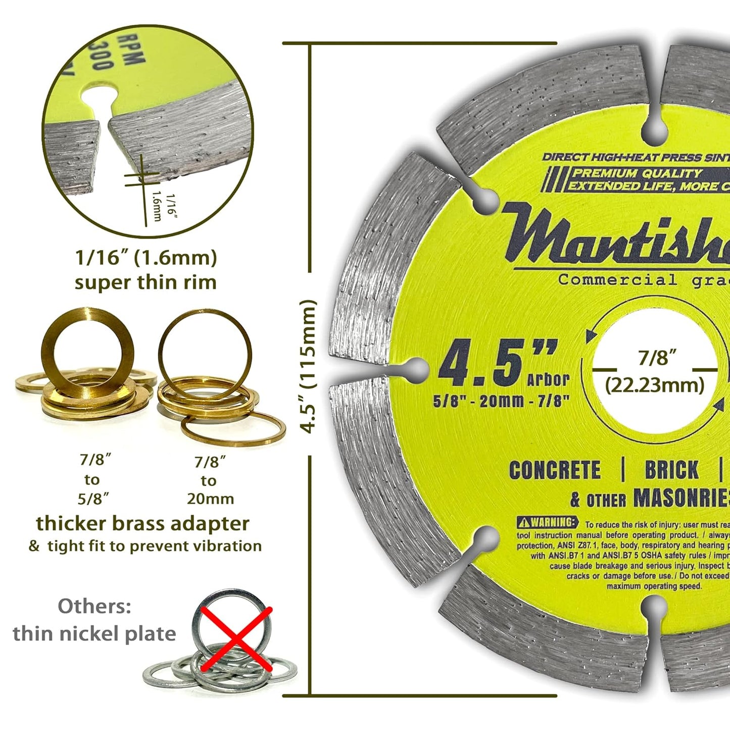 Mantisharp - General Purpose Segmented Rim Diamond Blade,4-1/2 inch. for Angle Grinders & Tile Saws, Concrete, Brick & Block, and Other Masonry, 5/8”, 20mm& 7/8” Arbors