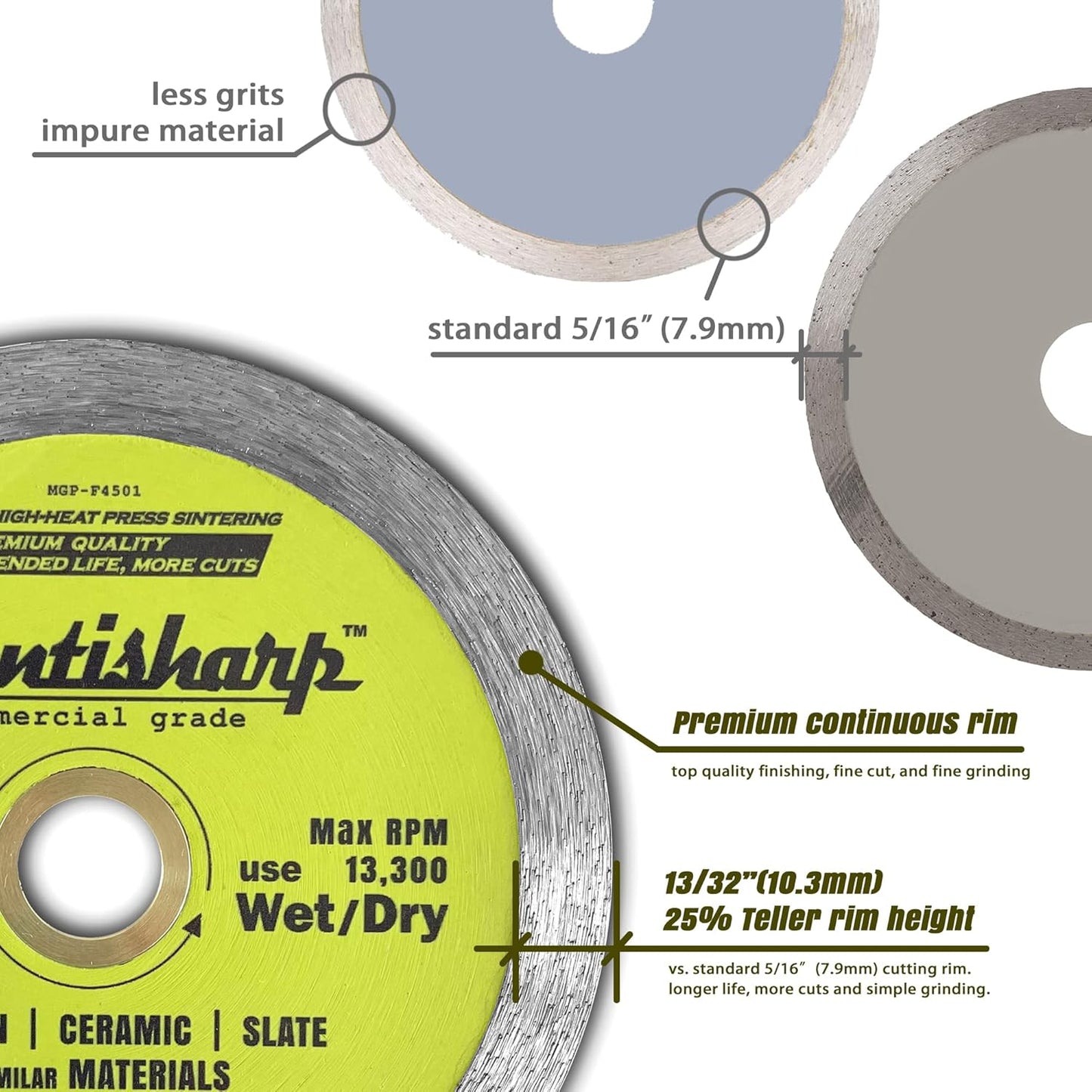 Mantisharp - General Purpose Continuous Rim Diamond Blade,4-1/2 inch,for Angle Grinders & Tile Saws,Porcelain, Ceramic, Slate, and Other Masonry. 5/8”, 20mm & 7/8” Arbor