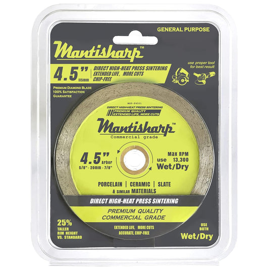 Mantisharp - General Purpose Continuous Rim Diamond Blade,4-1/2 inch,for Angle Grinders & Tile Saws,Porcelain, Ceramic, Slate, and Other Masonry. 5/8”, 20mm & 7/8” Arbor