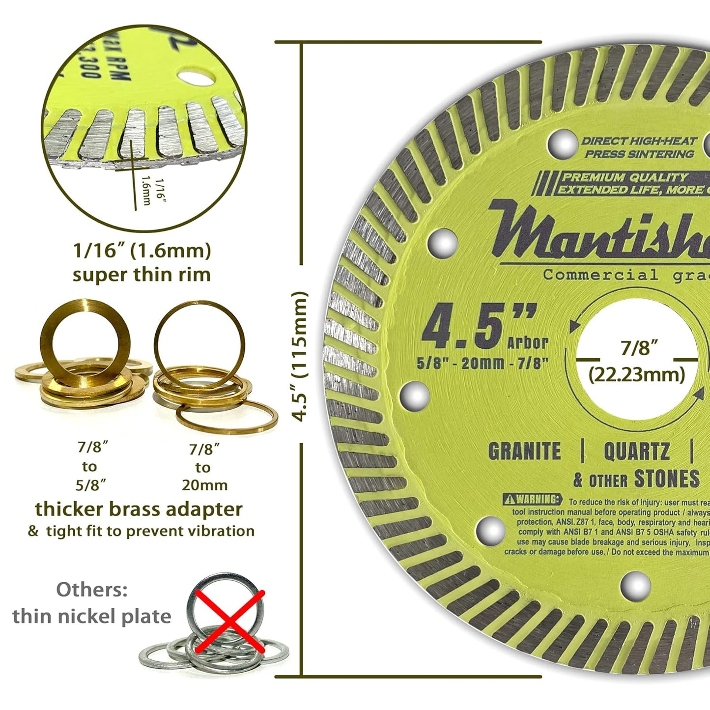 Mantisharp - General Purpose Turbo Rim Diamond Blade,4-1/2 inch, for Angle Grinders & Tile Saws, Granite, Quartz, Marble and Other Masonry, 5/8”, 20mm & 7/8” Arbors