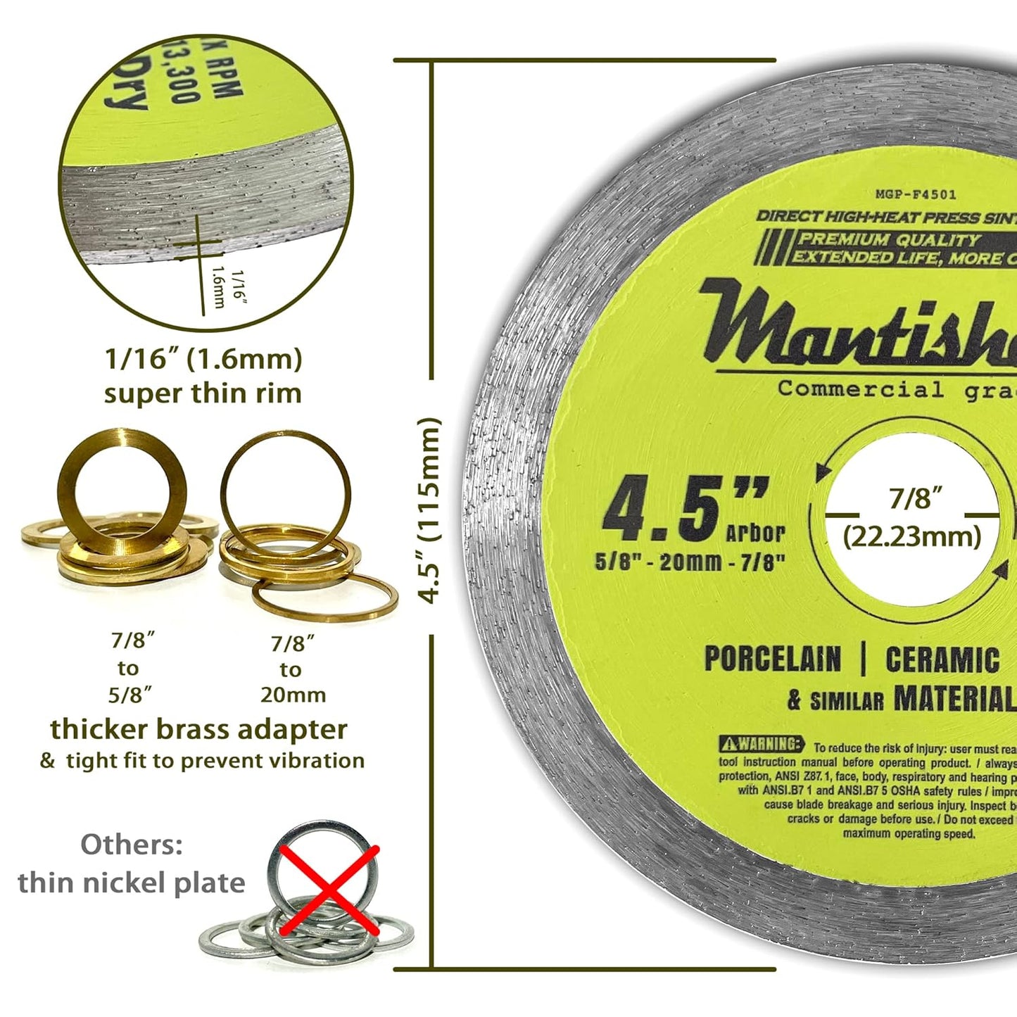 Mantisharp - General Purpose Continuous Rim Diamond Blade,4-1/2 inch,for Angle Grinders & Tile Saws,Porcelain, Ceramic, Slate, and Other Masonry. 5/8”, 20mm & 7/8” Arbor