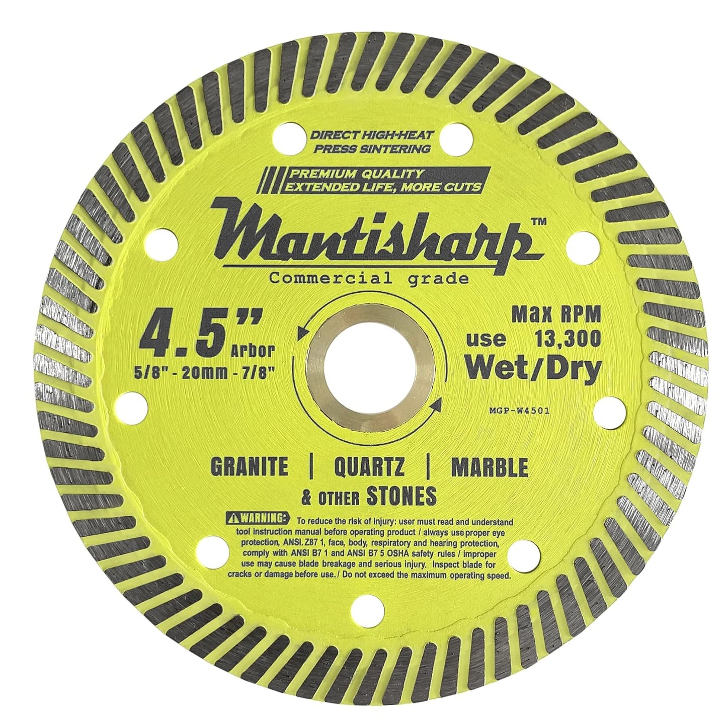Mantisharp - General Purpose Turbo Rim Diamond Blade,4-1/2 inch, for Angle Grinders & Tile Saws, Granite, Quartz, Marble and Other Masonry, 5/8”, 20mm & 7/8” Arbors